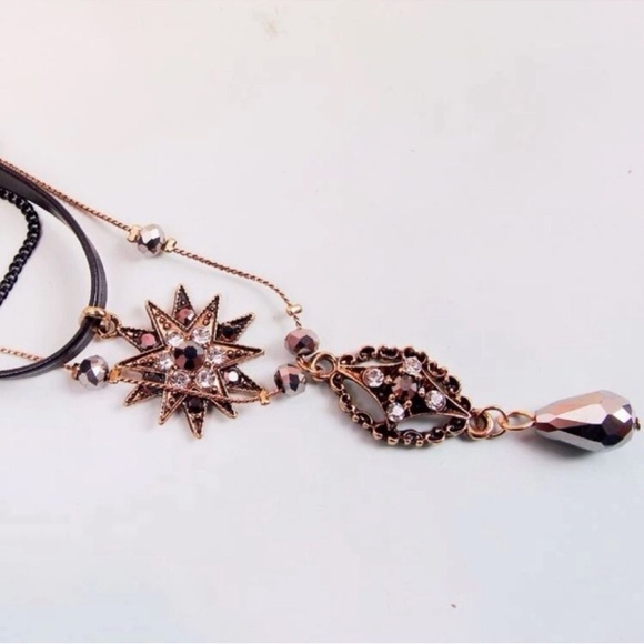 Dark Romance Vamp Academia Layered Faux Suede Gold Diamond Beaded Choker - Picture 8 of 12